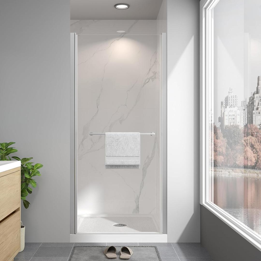 Frameless Pivot Shower Door 32"-34" W x 72" H, Swing Shower Glass Doors with Nano Explosion-Proof Film Tempered Glass 1/4"(6mm) Reversible Installtion, Brushed Nickel Finish