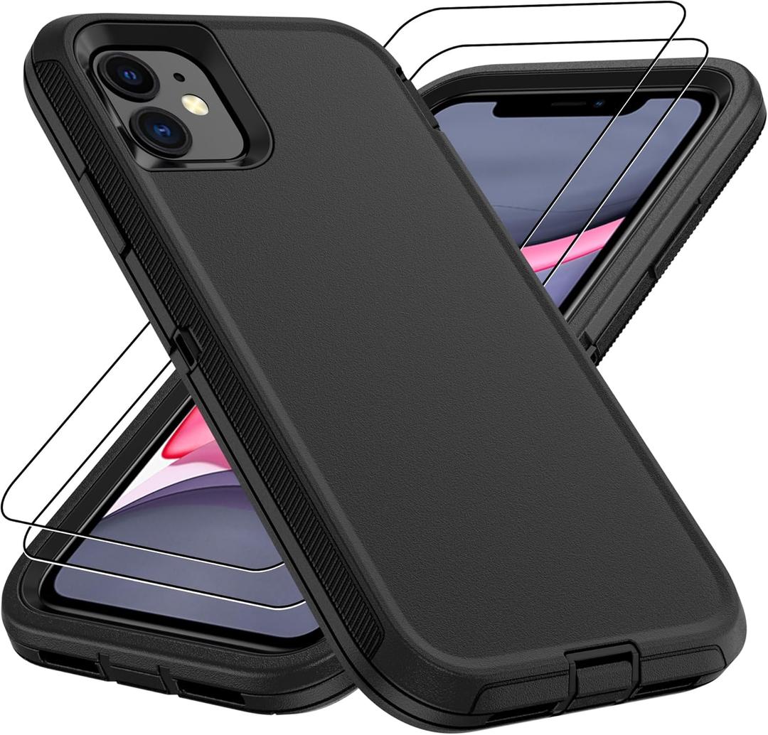 For iPhone 11 Case,iPhone 11 Case with 2Pcs HD Screen Protector, Military Grade 3 in 1 Shockproof/Dustproof/Drop Proof Military Grade Protective Cover for iPhone 11 6.1"-  Black