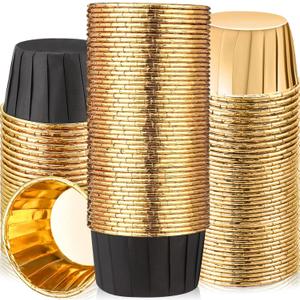 300 Pack Graduation Black Gold Cupcake Liners Bulk Disposable Foil Muffin Cups 3.5 oz Wrappers for Baking Aluminum Paper Mini Metallic Disposable Holiday Party Wedding Festival Supply