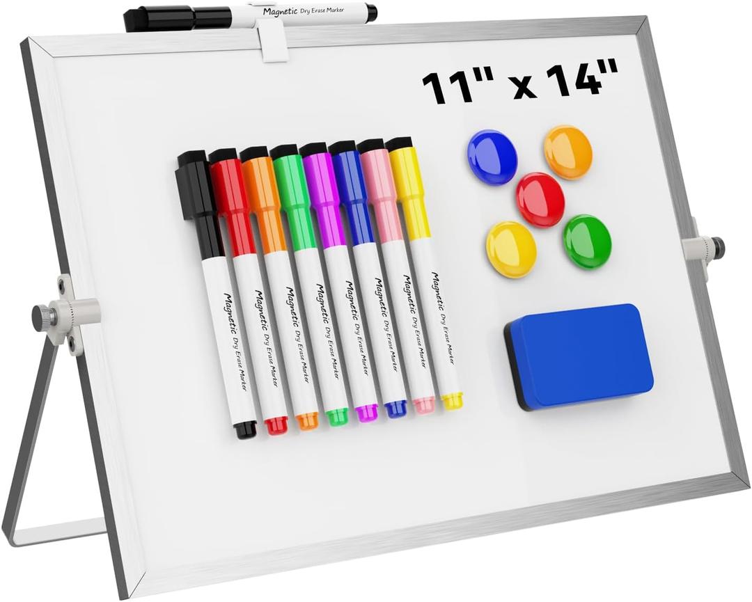 Dry Erase White Board, Cazeyoo Magnetic Desktop Whiteboard 11 x 14inch with Stand, 8 Markers, 4 Magnets and 1 Eraser, Portable Double-Sided White Board for Kids Drawing, Office, Home, School (Metal)