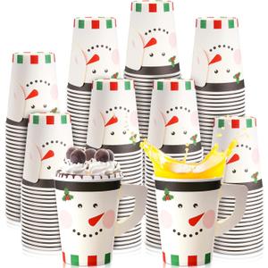 Maxcheck 100 Pieces Christmas Paper Cups with Handle 9 oz Holiday Disposable Cups Drinking Hot Chocolate Coffee Cup for Xmas Daily Use Bar Accessories Party Decoration (Snowman)