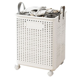 55L Collapsible Extral Large Laundry Hamper, Plastic Laundry Basket with Wheels, Suitable for Bathroom, Bedroom, Dorm Room & Laundry Room, Basket with Handle (White)
