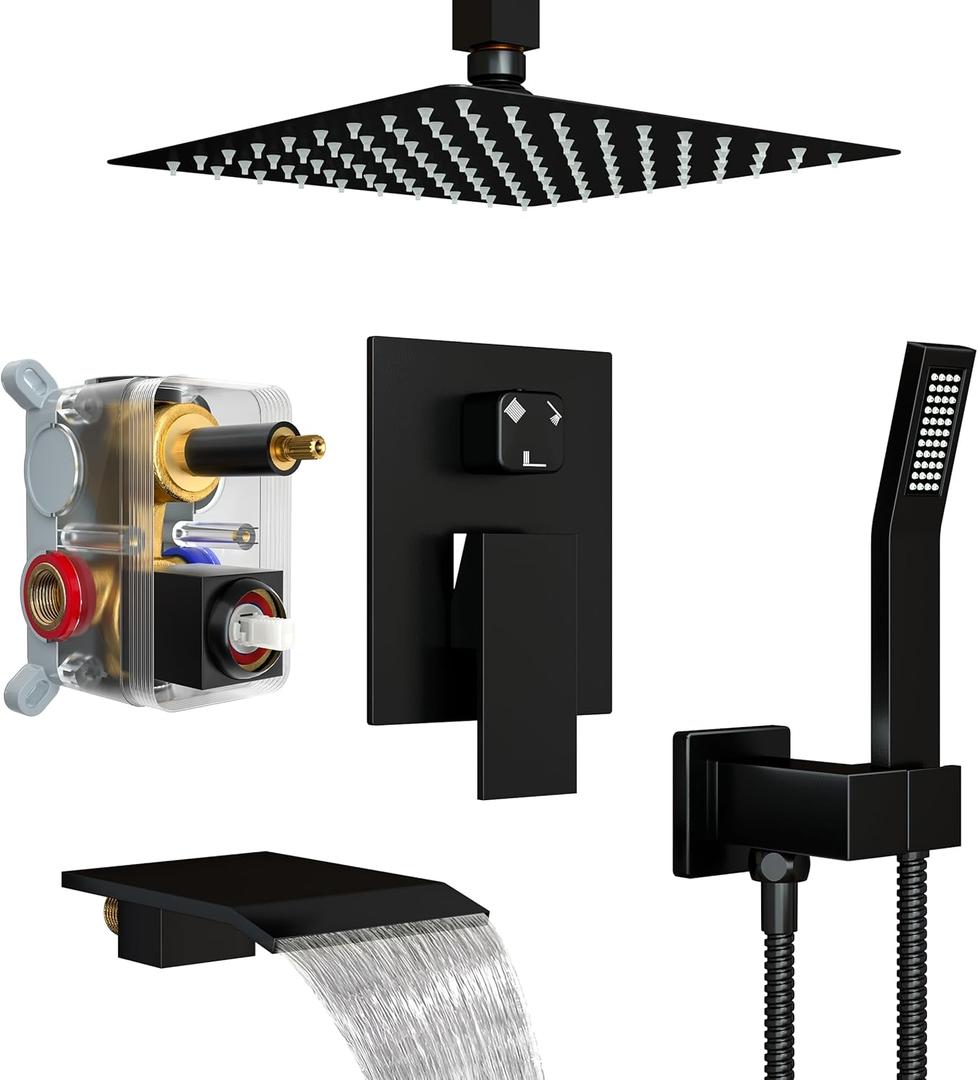 Shower Faucet Set with Tub Spout, Ceiling Mount Shower System with 10 Inch Rain Showerhead and Tub Spout, High-Pressure Showerhead Combo Set Included Valve and Trim, Matte Black
