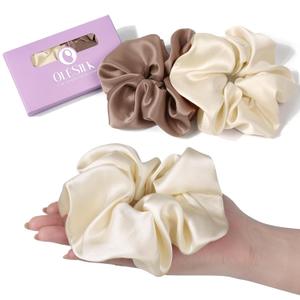 OLESILK Silk Scrunchies Oversized 100% Mulberry: Large for Long Thick Hair, Soft and Smooth for No Damage Hair Care Sleeping, Vintage Fashion (1 Count (Pack of 2), Brown)