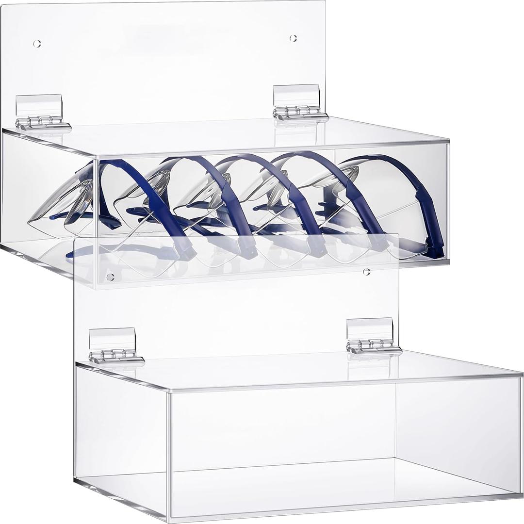 Geetery 4 Pack Safety Glasses Holder with Lid Wall Mount/Stand 9 x 6 x 3 Inches Clear Acrylic Dispenser Storage Case Wall Organizer Box for Eyewear Goggle Glove Facemask Lab Supply