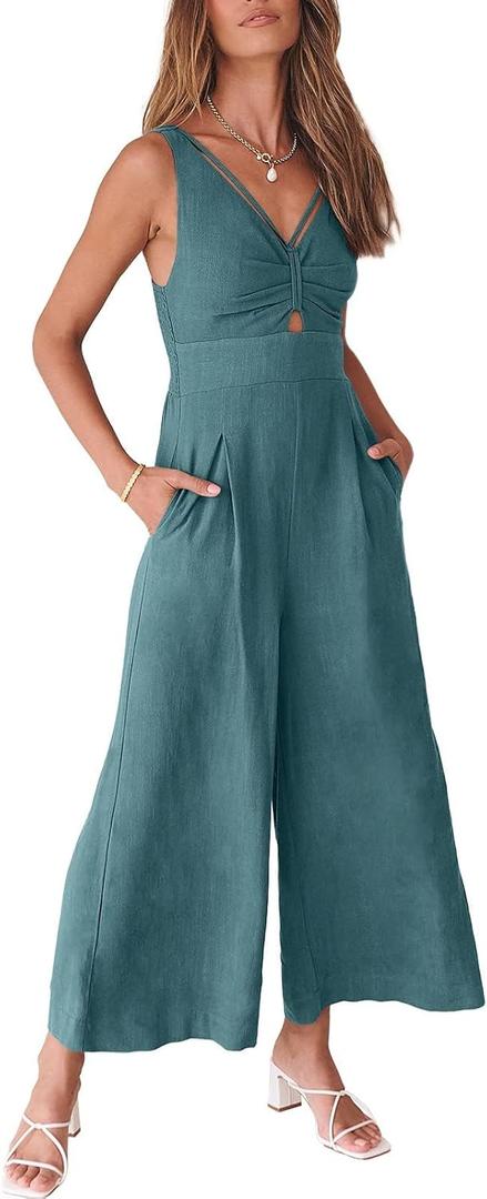 ANRABESS Women's Jumpsuits Summer Wide Leg Sleeveless V Neck Casual Dressy Linen Pants Rompers 2025 Vacation Beach Outfits (X-Large, Lake Blue)