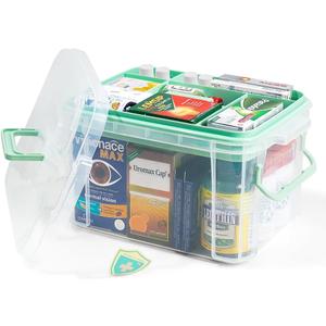 15qt Clear Medicine Organizer Storage Box with Tray, Plastic First Aid Box Empty, Thickened Medicine Container Chest, Multipurpose Medical Case with Labels, Medicine Caddy with Lids Handles (Green)