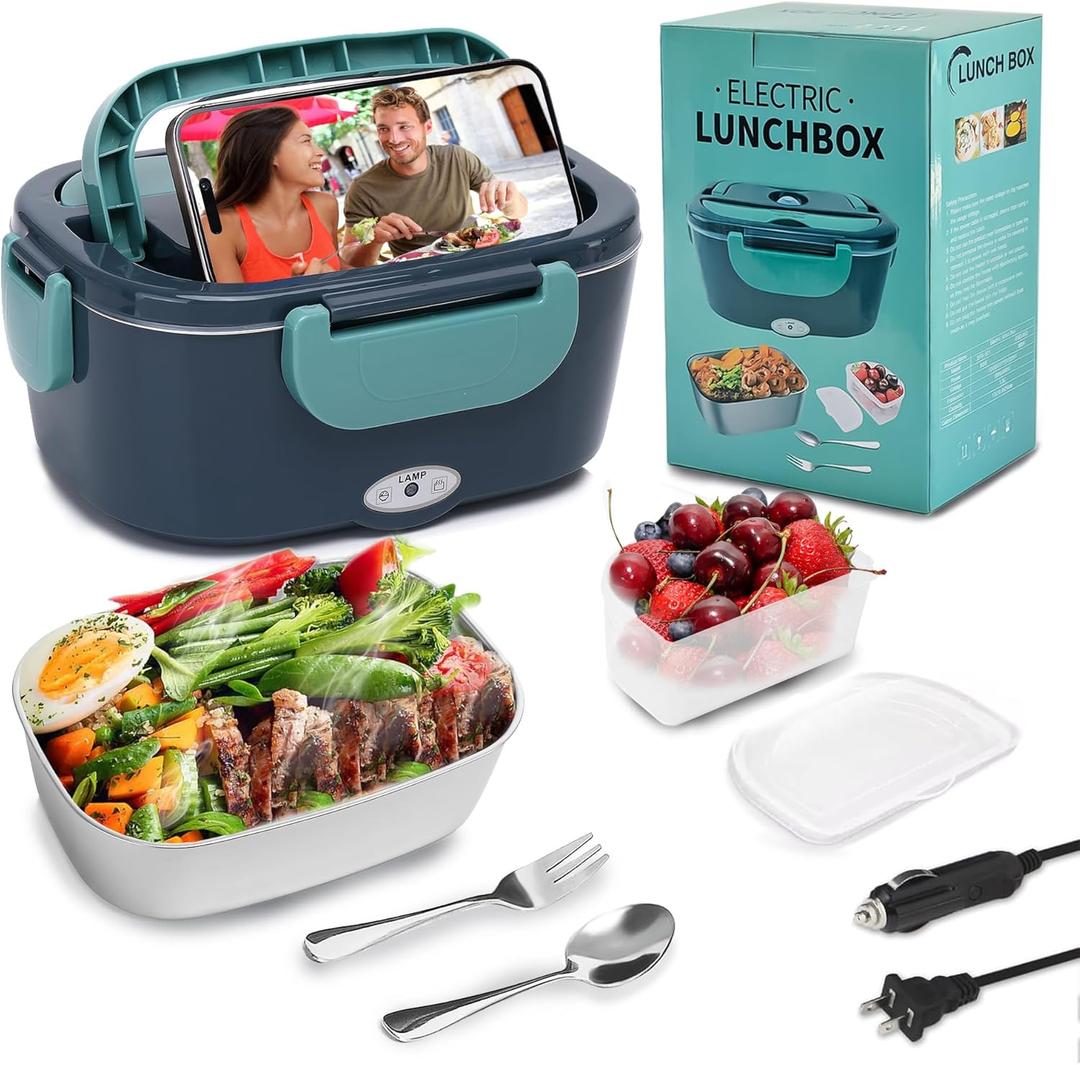 Electric Lunch Box 80W Heated Lunch Box for Adults 12/24/110V Portable Food Warmer LunchBox with 304 Stainless Steel Container for Office/Car/Truck(1.5L) Green