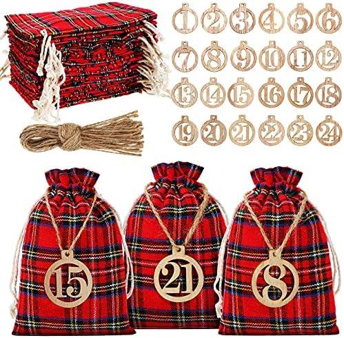 Christmas 24 Days Advent Calendar 2026 Xmas Countdown Buffalo Check Drawstring Bags with 24 Pieces Wooden Numbers for Christmas Gift Party Decoration