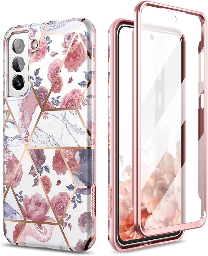 SURITCH Marble Case for Samsung Galaxy S21 FE, [Built-in Screen Protector] Full-Body Protection Shockproof Rugged Silicone TPU Bumper Protective Cover for Galaxy S21 FE 5G 6.4 Inch (Rose Marble)