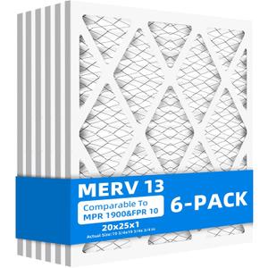 (6 Pack) 20x25x1 Furnace Air Filters, MPR 1900 & FPR 10, MERV 13 Pleated Air Filter (Actual Size: 19 3/4"x 24 3/4" x 3/4")