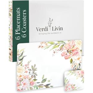 Cork Placemats Set of 6 Matching Coasters I Heat Resistant Place Mats for Dining Table 16" x 12", Cork Backed, Wipeable Pink Rose Design