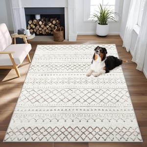 Area Rug 4x6 Geometric Rug: Washable Boho Moroccan Rugs Soft Farmhouse Rug, Modern Neutral Stain Resistant Indoor Floor Carpet for Livingroom Bedroom Dining Table Nursery(Brown,4X6)