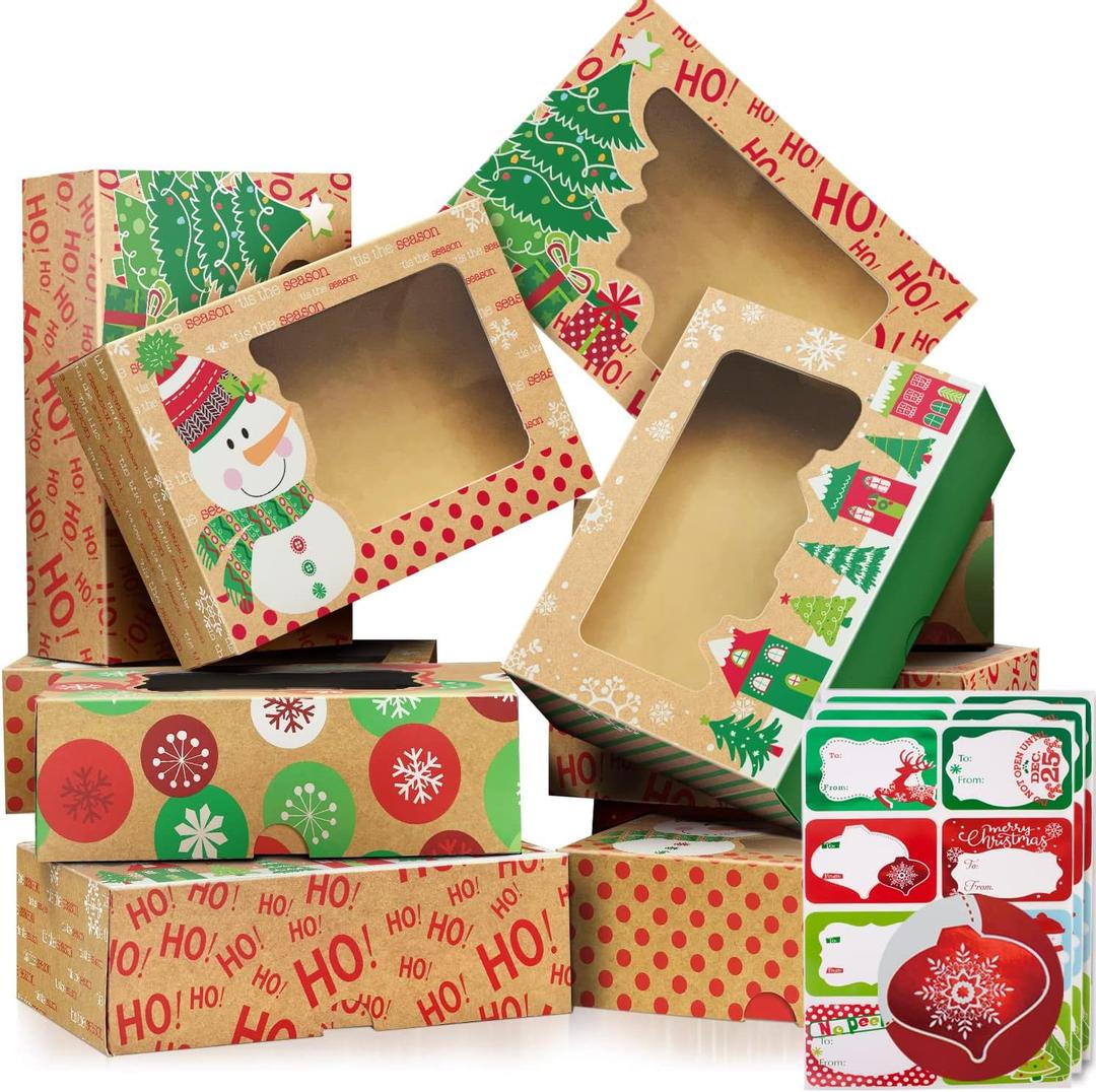 Party Funny 12 Christmas Cookie Boxes -Large Kraft Holiday Bakery Food Container for Gift Giving with 80 Count Christmas Foil Gift Stickers