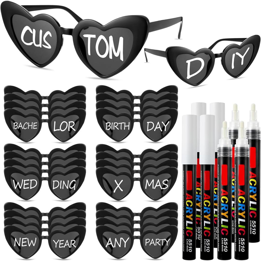 Flutesan Personalized Heart Sunglasses Bulk Custom Glasses with Paint Pens for DIY Wedding Party Favors (Black)
