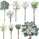 VIERENA Artificial Greenery Stems Box Set(Pack of 75pcs) with 8 Kinds of Faux Plants and Fake Flowers for DIY Wedding Bouquet Table Centerpieces and Floral Arrangement (White&Green)