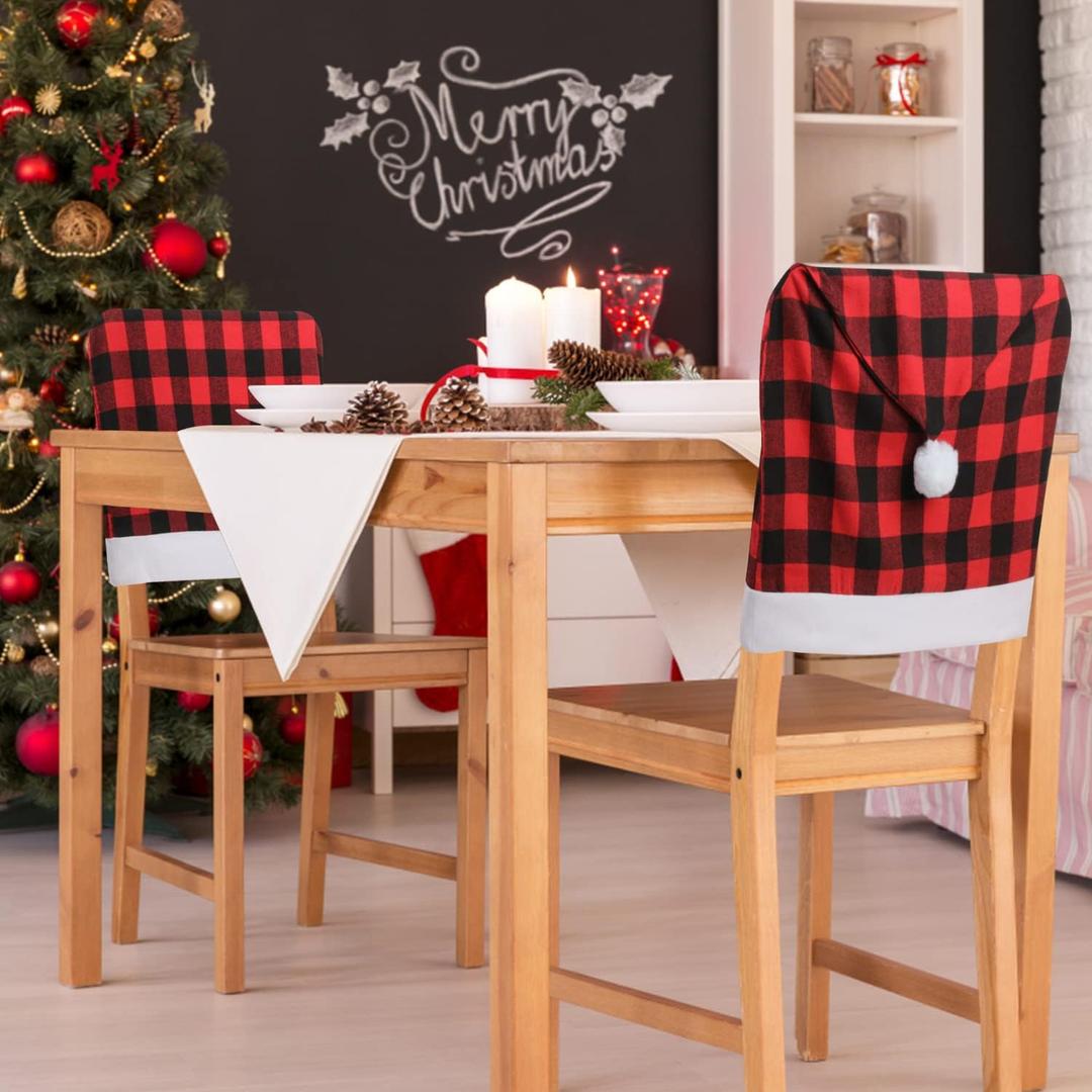 CCINEE 6pcs Christmas Chair Back Cover, Black and Red Grid Chair Slipcovers Hat Buffalo Plaid Christmas Back Covers Christmas Dining Chair Protector Elastic for Dining Room Xmas Party Table Decor