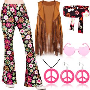 Jenaai 7 Pcs Kids 60s 70s Hippie Outfits for Girls Costume Set Boho Flared Pants Hippie Outfits Accessories Set (Medium)