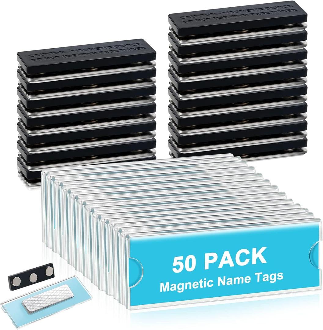 50 Pack Name Badge Magnets Kit Acrylic Magnetic Name Tag Holders with Blank Printable Paper Inserts 3 Magnets Clear Adhesive ID Holder for Business Events School Office