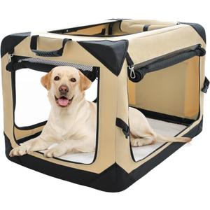 Pettycare 42 Inch Collapsible Dog Crate for Large Dogs, 4-Door Foldable Soft Kennel With Chew Proof Mesh Windows, Indoor & Outdoor Travel, Beige