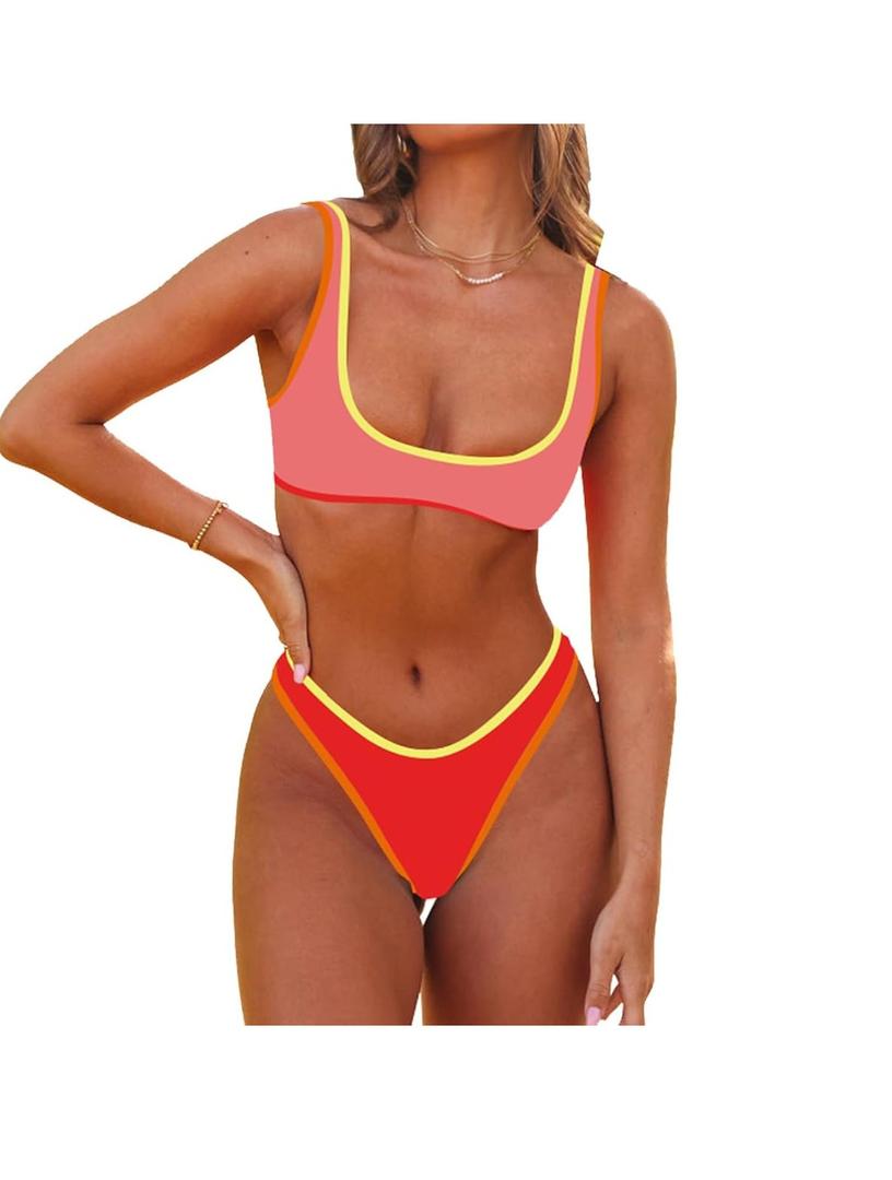 SherryDC Women's Sexy Scoop Neck Bikini Sets Color Block High Cut Thong Brazilian 1Pieces Swimsuit Bathing Suit Small