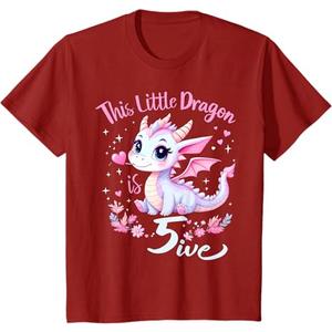 Turning 5 Year Old Birthday 5th Bday Dragon Girl T-Shirt, Cranberry Red Size S