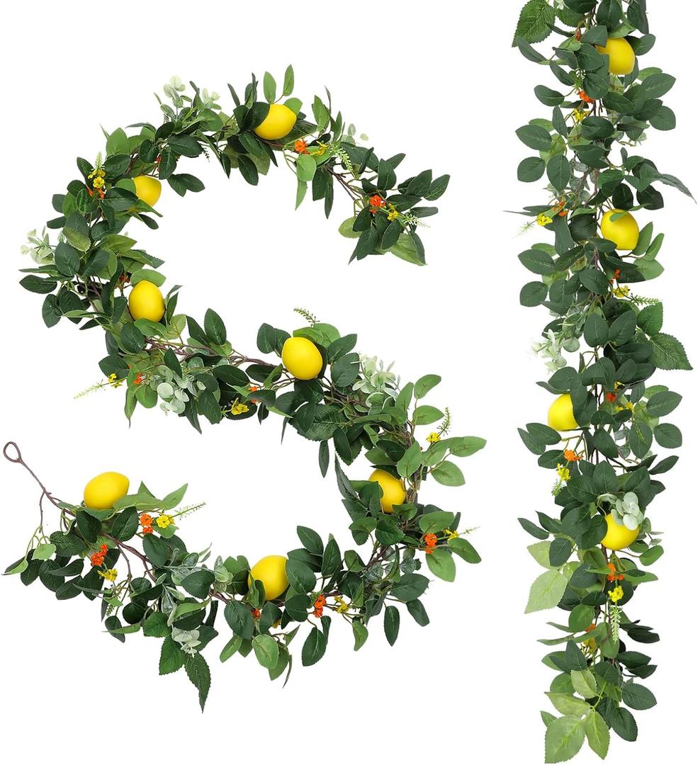 U'Artlines 2Pcs Total 12 Ft Artificial Lemon Garland Spring Summer Faux Fruit Vine Garlands with Greenery for Door Wall Mantle Wedding Party Table Decorations