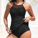 Womens Swim Dress One Piece - Swimsuit with Skirt Tummy Control Bathing Suit High Neck Mesh Swimwear 2025 (X-Large, Black)