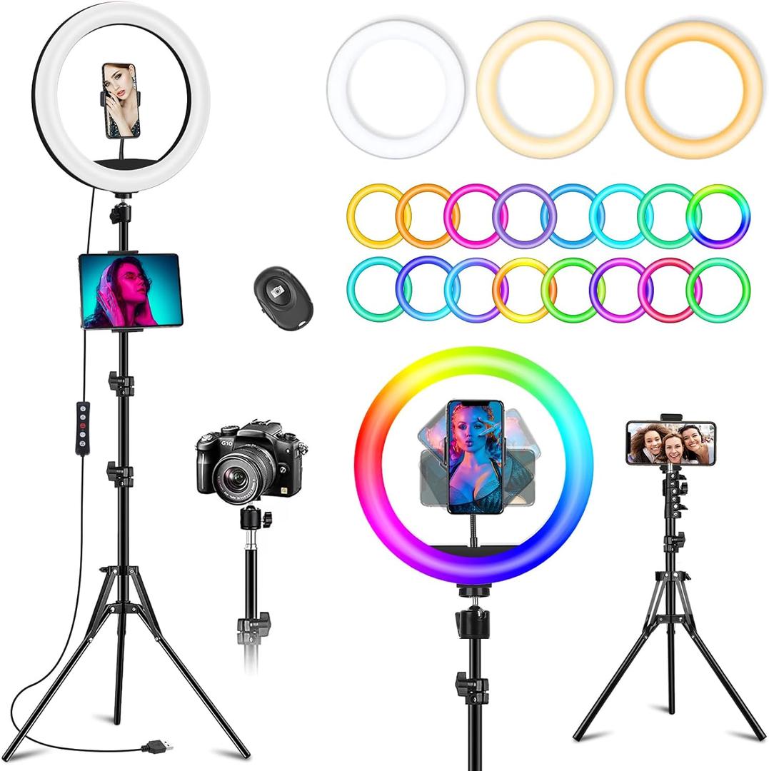 10.3" Ring Light with Tripod and Phone Holder, LED Selfie Ring Light with Tablet Holder, 51 Color Modes Circle Lights with Stand, 12 Dimming Levels, Christmas White Elephant Gifts for TikTok/YouTube