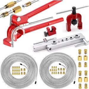smseace 55Pack 3/16 Inch+1/4 Inch Brake line kit Include 25 FT Zinc-Plated Brake Lines with Fitting(32pcs Fittings,4pcs Union+8pcs Nut) Brake line Bender,Single Flare Tool,Cutter Brake line kit (Silver)