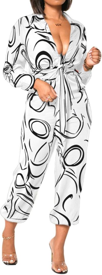 Xinlees Women's Elegant Jumpsuit Casual Long Sleeve Solid Straight Trousers Business Romper Stretchy Ankle Cuffs (Medium, Whiteblack)