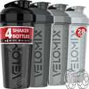 VELOMIX -4 Pack- 28 oz Protein Shaker Bottles for Protein Mixes - 4x Wire Whisk | Leak Proof Shaker Cups for Protein Shakes | Protein Shaker Bottle Pack (Silver Mix)