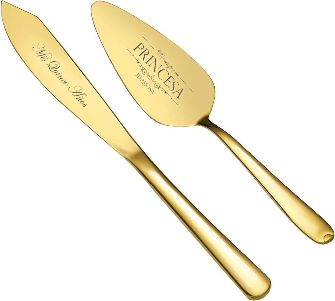 AW BRIDAL Gold Quinceanera Cake Knife Set and Server, Sweet 15 Birthday Cake knife Stainless Steel Mis Quince Aos Cake Knife and Cutting set Set Birthday Gifts