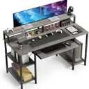 VERMESS Computer Desk- 48 Inch Home Office Desk with Keyboard Tray, 47" Gaming Desk with Full Monitor Stand & Storage Shelves & CPU Stand, Modern Study Writing Table with Shelf for Storage, Gray Oak