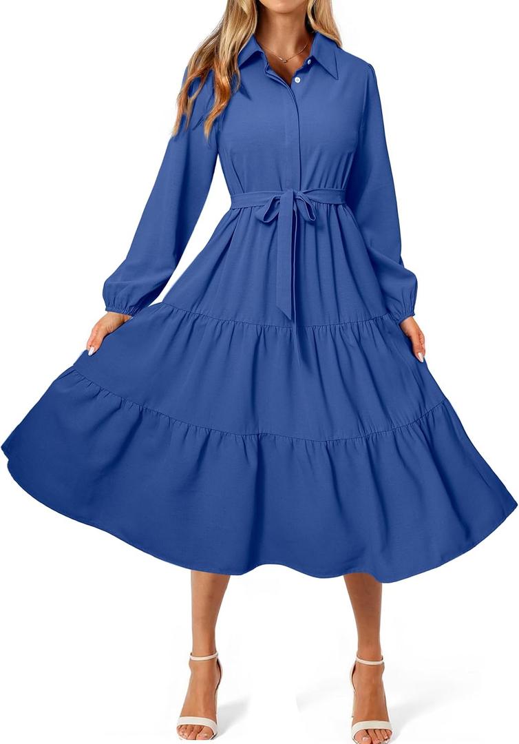 BerryGo Womens Long Sleeve Dresses 2026 Maxi Casual V Neck Belted Button Down Wedding Guest Shirt Dress with Pockets (Blue, L)