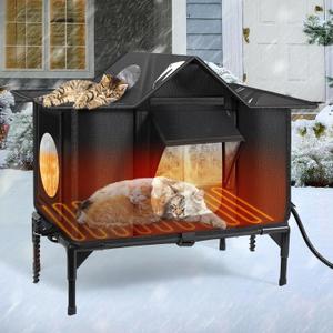 Heated Outdoor Cat House Weatherproof with Heating Pad, Insulated Feral Cat Houses for Outdoor Cats, Safe Escape Door, Heated Cats House for Outside, Outside Stray Cats Shelter with Elevated Base(L) (L(24.8*14.9*(11.4+5.9)In))