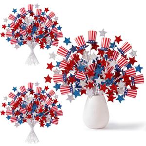 6 Pcs Red White Blue Decorations 4th of July Patriotic Floral​ Pick Artificial 250 Glitter Star Memorial Day American Flag Hat Stem Independence Day Decor for Home Vase Table Centerpiece
