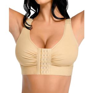 FeelinGirl Post Surgery Compression Bra for Women's Front Closure Bra with Adjustable Straps Wirefree (Large, Beige)
