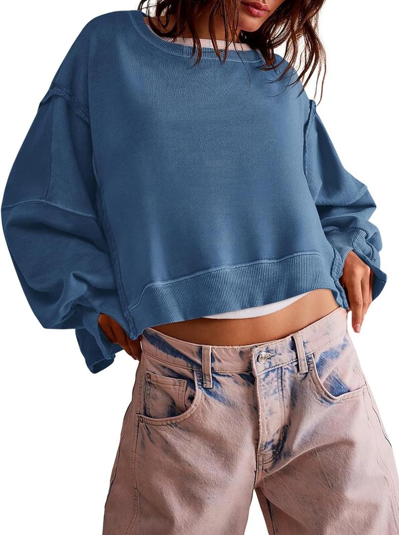 Zwurew Womens Casual Sweatshirt Long Sleeve Tops Crewneck Loose Fit Tee Pullover Crop Tshirt Side Slit Fall Fashion 2024 (Small, Blue)