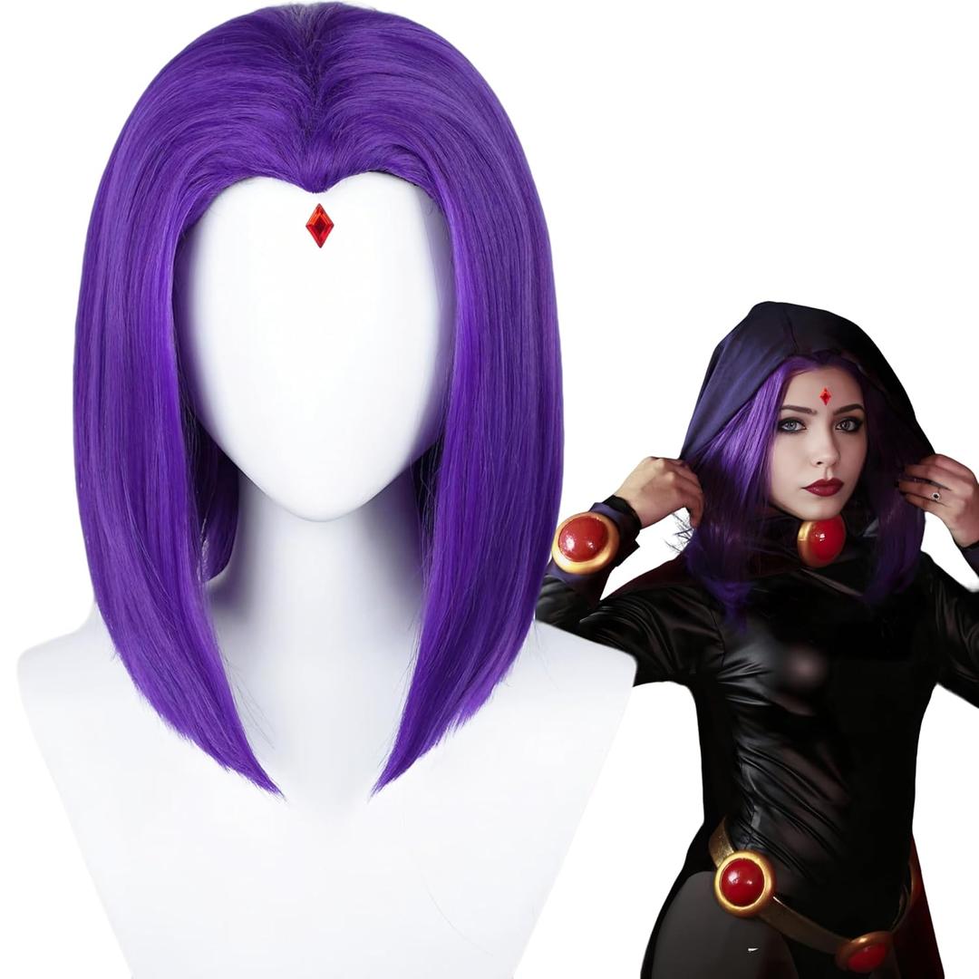Half and Half Short Purple Anime Cosplay Wig Dark Purple Straight Bob Wigs + Red Gem + Wig Cap 14'' Synthetic Hair for Women Halloween Costumes Party