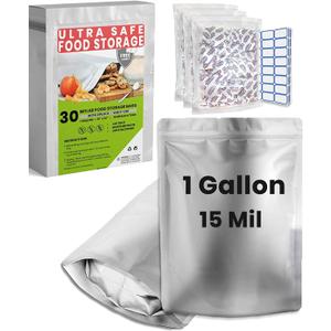 30 Mylar Bags for Food Storage 1 Gallon - Extra Thick 15 Mil - Long Term & Food Grade - Mylar Bags with Oxygen Absorbers 400cc- Zipper, Resealable, Stand-up Gousset - Bolsas Mylar con Abosrbentes