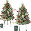 2 Pack 33" Outdoor Christmas Tree Urn Fillers with 50 Warm&Colorful Change Lights 8 Modes Timer Christmas Decorations Outdoor 230 Branches Pinecones Berries Tripod Stakes Battery Operated Yard Porch