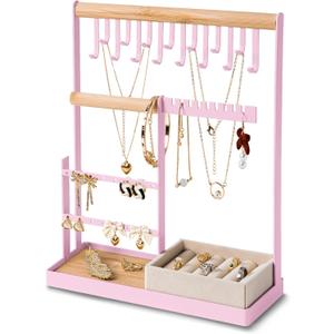 DreamGenius Jewelry Organizer Stand with Velvet Ring Holder, 4 Tier Jewelry Holder Organizer with 15 Hooks for Necklaces and 16 Holes for Earrings, Pink