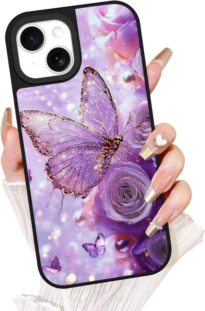 Fiyart Designed for iPhone 15 Plus Case,Cute 3D Glossy Butterflies for Women Girls Hard Shell Durable Shockproof Luxury Aesthetic TPU Phone Bumper 6.7"-Purple