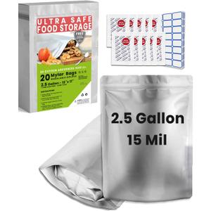 20 Mylar Bags for Food Storage, 2.5 Gallon Capacity, Extra Thick 15 Mil, with 1000cc Oxygen Absorbers, Resealable, Stand-Up Gusset, Ideal for Long-Term Food Storage
