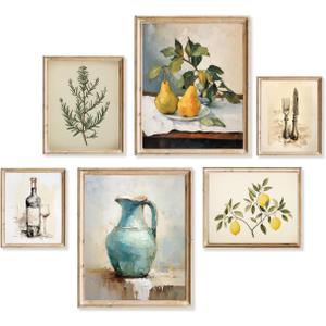 Vintage Kitchen Wall Decor Rustic Farmhouse Dining Room Wall Art Vintage Wall Art Decor Antique Ceramic Jug Silverware Rosemary Lemons Gallery Wall Prints for Bedroom Living Room Home,UNFRAMED,6pcs (Set of 6pcs, Fruits)