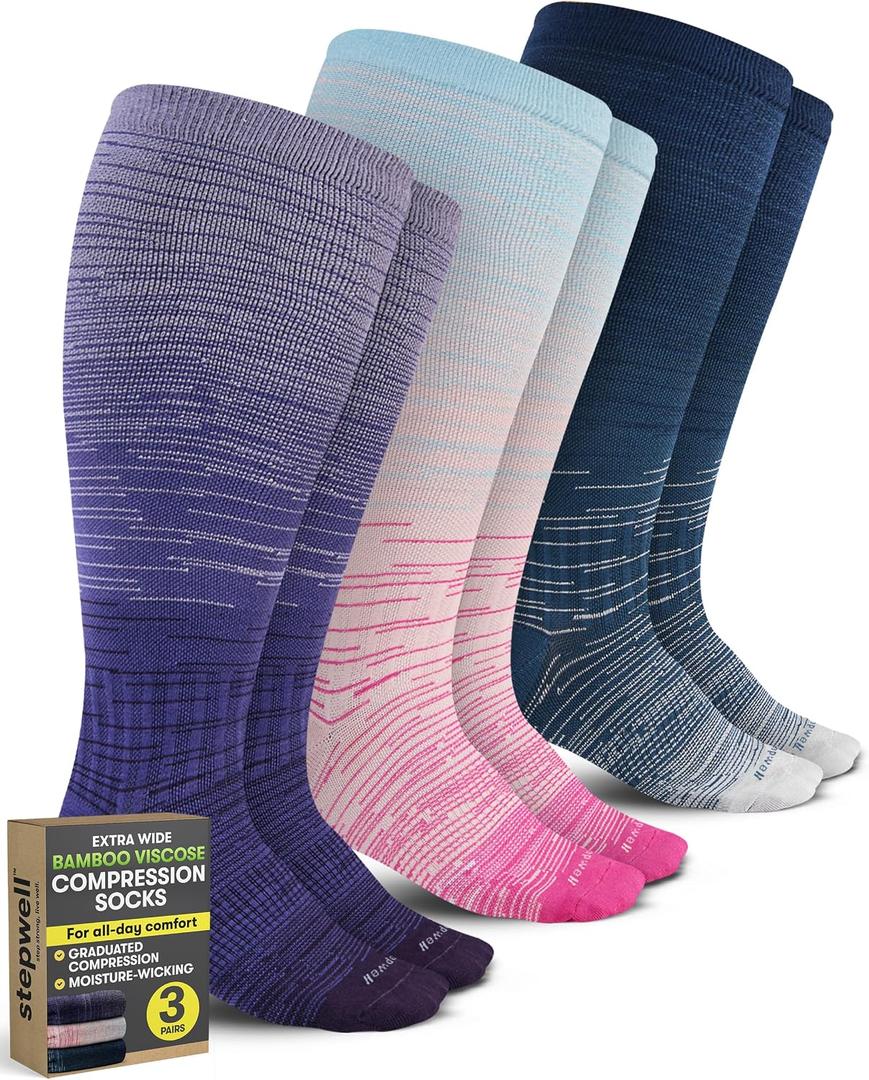 STEPWELL Bamboo Viscose Plus Size Compression Socks for Women - 3 Pack, Moisture-Wicking Extra Wide Socks XXL