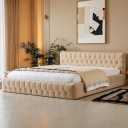 Upholstered Queen Platform Bed with Soft Fabric for Bedroom, Living Room,Solid Wood Bedframe w/Wood Slat Support,Easy to Assemble, Beige