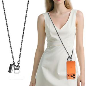 Dadanism Universal Phone Lanyard Crossbody, Metal Cell Phone Chain Crossbody Strap with Tether Tab, for iPhone 16 and Most Smartphones, iPhone Lanyard for Women Girls Party Shopping Traveling, Black (Long)