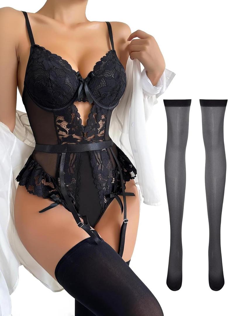 Lilosy Sexy Stocking Lace Mesh Bodysuit Top Underwire Garter Lingerie Set 3 Piece (Medium, Black)